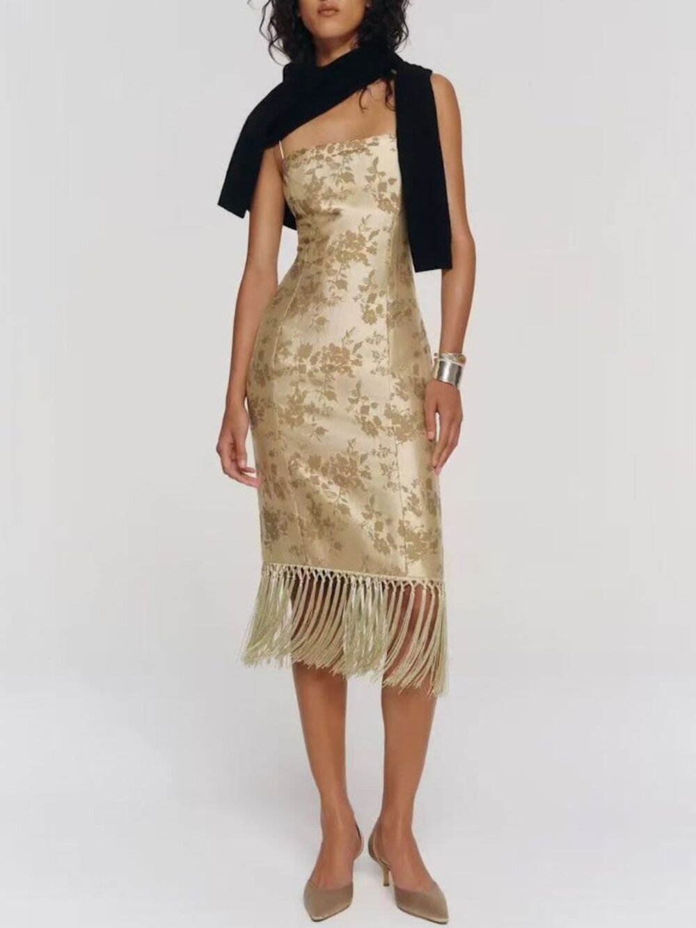 Reformation Maribel Midi Dress Heirloom Gold Floral Fringe